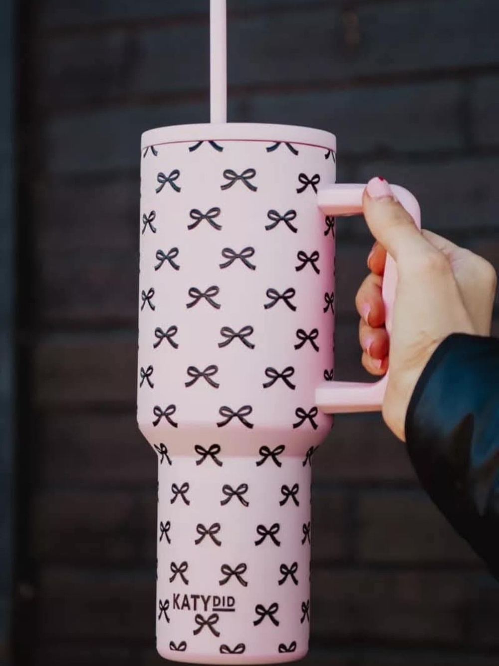 Katydid Pink Tumbler with Black Bow Pattern and Handle